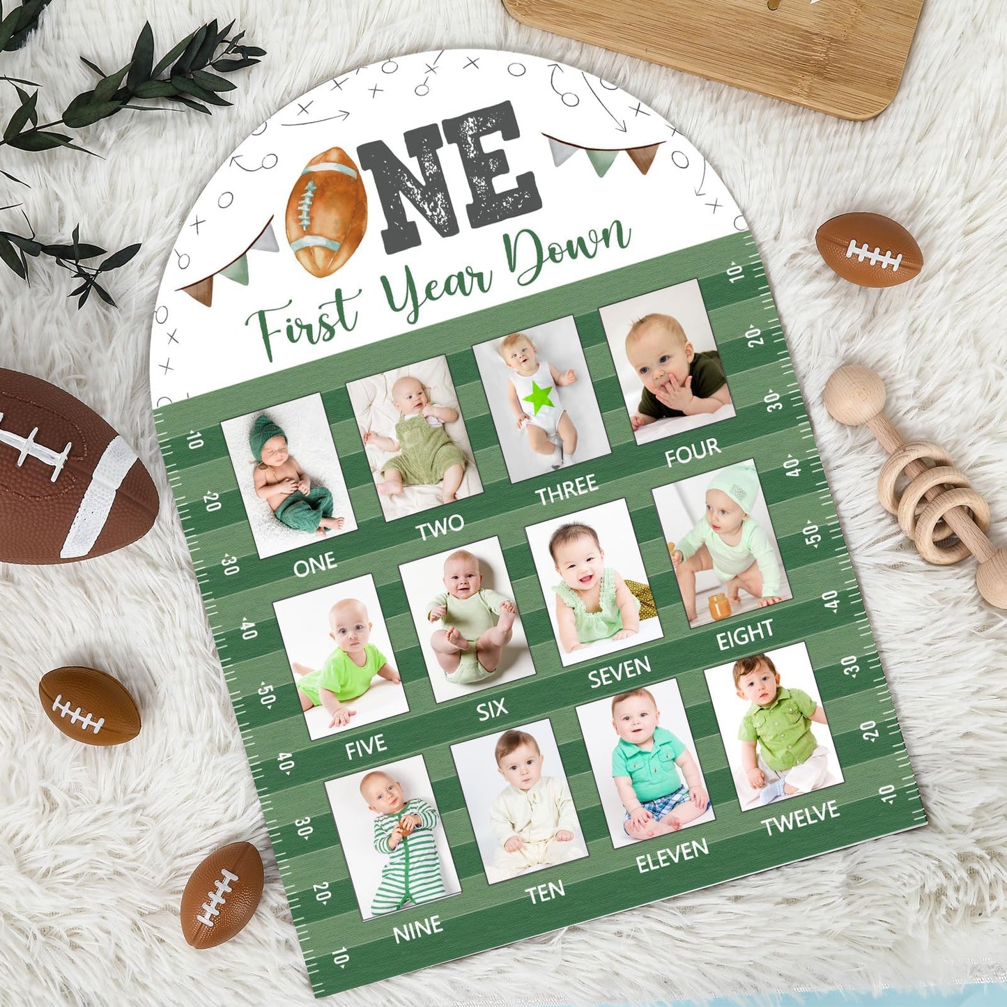 Football First Year Photo Board First Year Down Birthday Party Decorations Wooden Board 12 Monthly Milestone Picture Frame Sport
