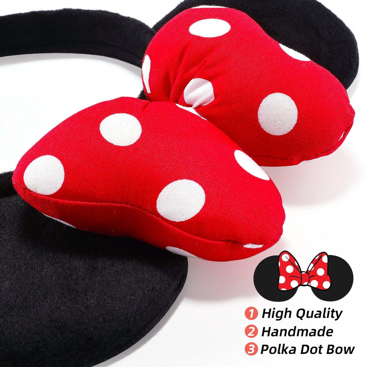 Odocare Handmade Mouse Ears Headband For Women And Girls, 3D Polka Dot Bow Minnie Ears Costume Accessories(Red-White Dots)