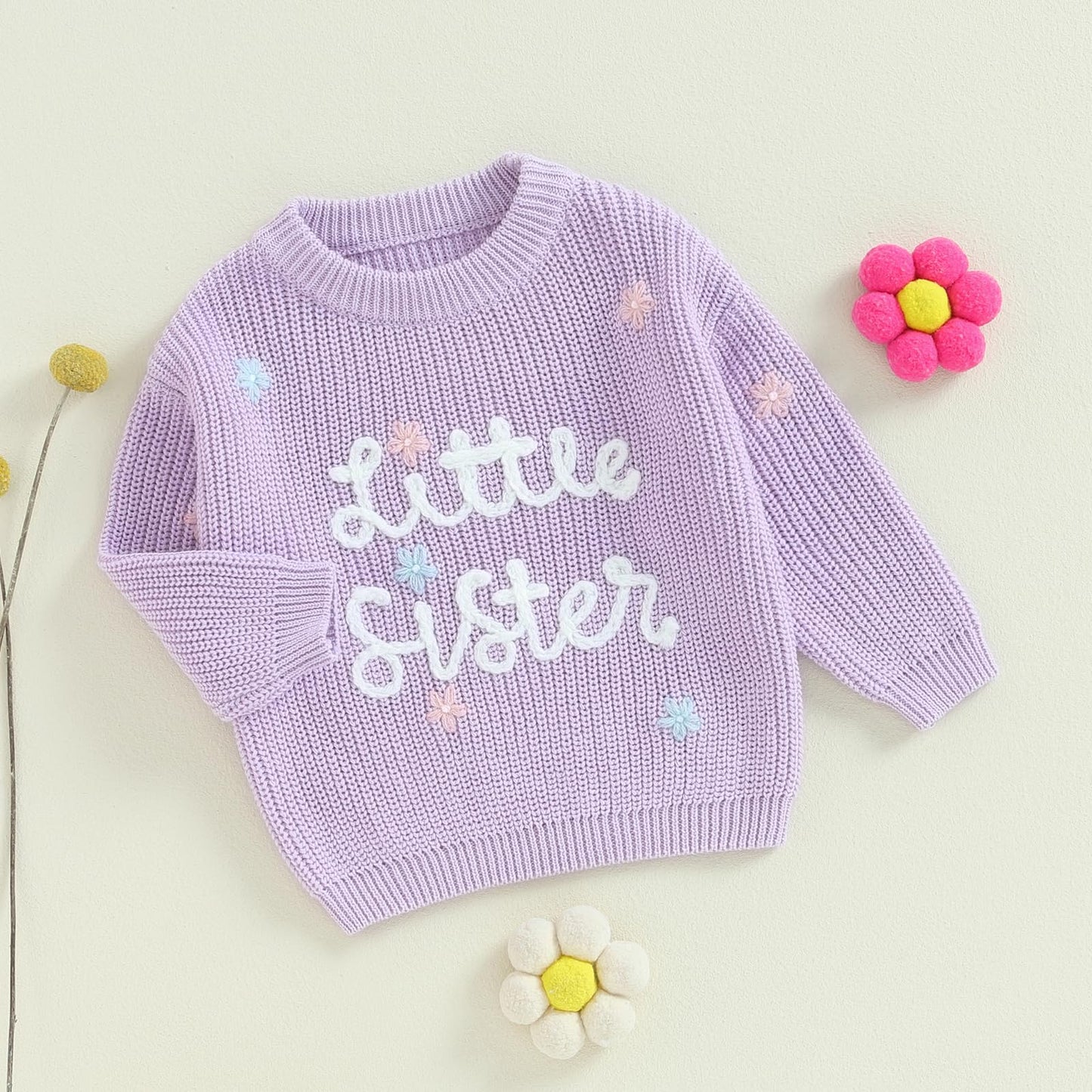 Amnnchya Toddler Infant Baby Girl Knit Sweater Big Sister Little Sister Matching Outfits Long Sleeve Pullover Sweatshirt (Purple
