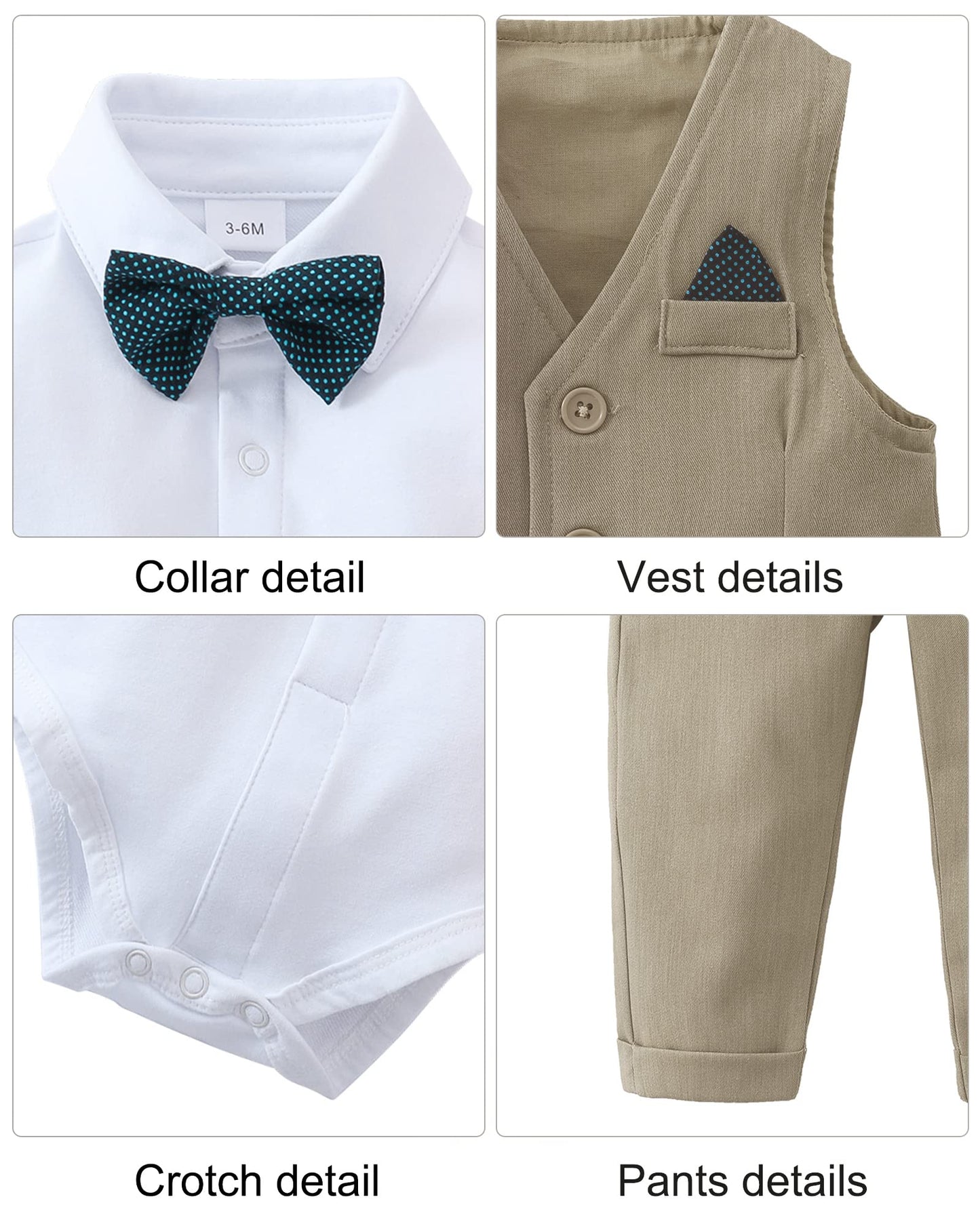 Disaur Baby Boy Formal Outfits Long Sleeve Infant White Shirt Khaki Vest Pants Bow Tie Baby First Halloween Outfit Boy 18 24 Mon