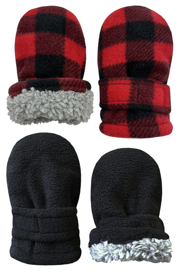 N'Ice Caps Little Kids And Baby Easy-On Sherpa Lined Fleece Mittens - 2 Pair Pack (Black/Red Buffalo Plaid - Infant, 6-18 Months