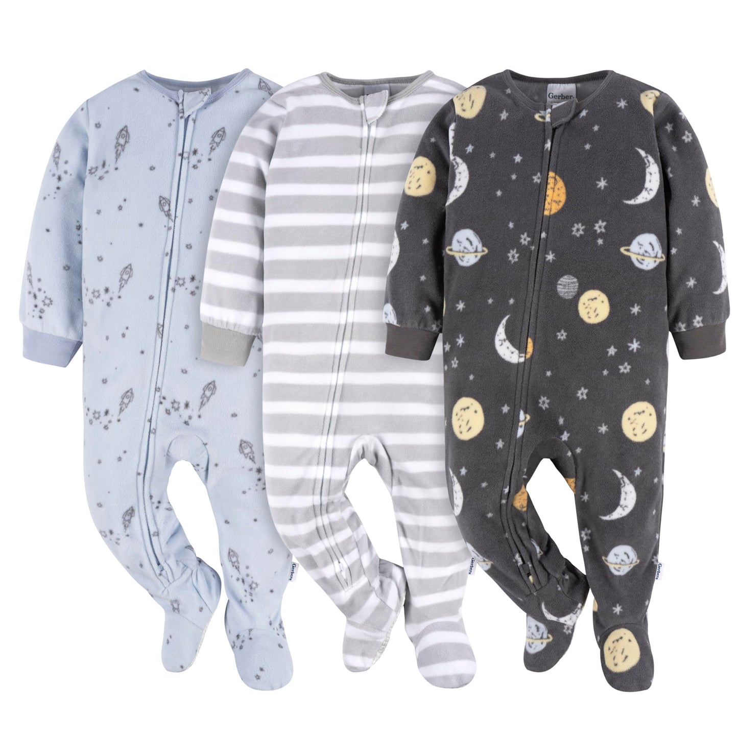 Gerber Baby Boy'S Toddler Flame Resistant Fleece Footed Pajamas 3-Pack, Space