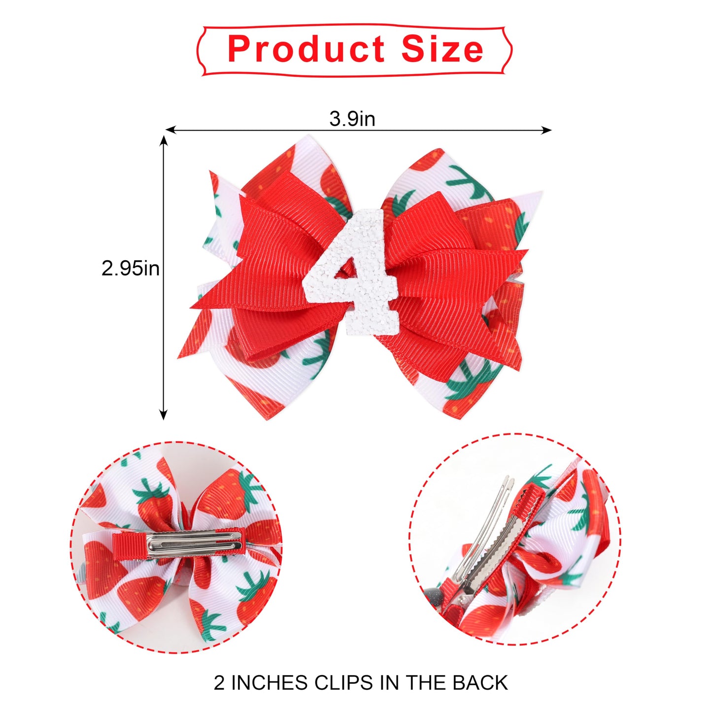 Strawberry Bow Hair Clips - Girls 4Th Birthday Party Decoration, Berry Sweet 4Th Birthday Bow Hair Clips, Sweet Girls Red Bow Ha