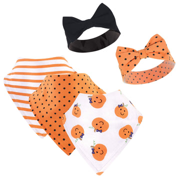Hudson Baby Unisex Baby Cotton Bib And Headband Or Caps Set, Girl Pumpkin, One Size