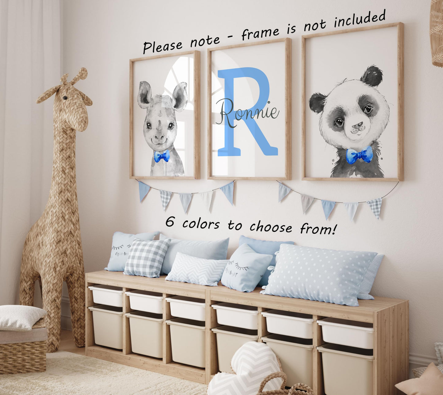 Personalized Safari Animals For Baby Boys Nursery Bedroom Unframed Set Of 3 Poster Prints, Personalized Name Blue Green Yellow B