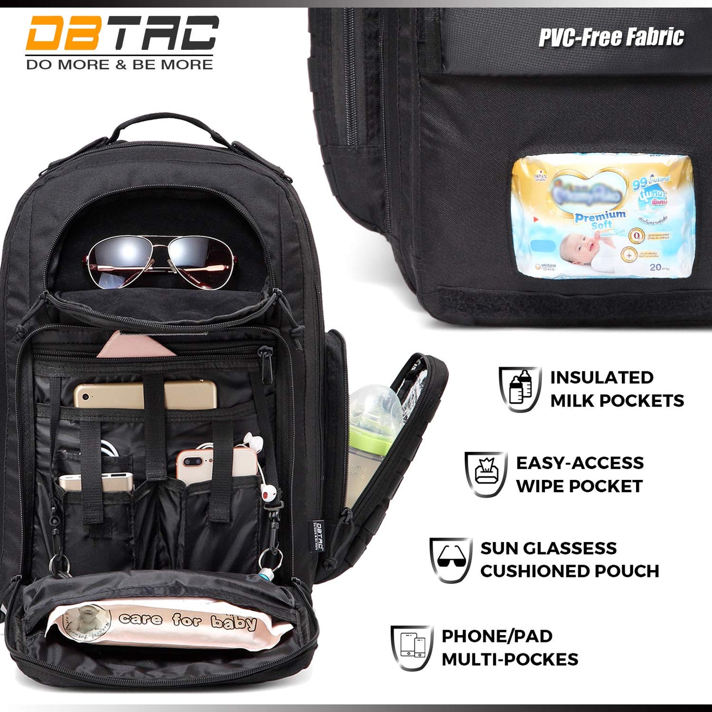 Diaper Bag Backpack For Dad, Dbtac Large Baby Nappy Bag For Men W/Changing Mat, Insulated+Wipe Pockets, Stroller Straps, Black