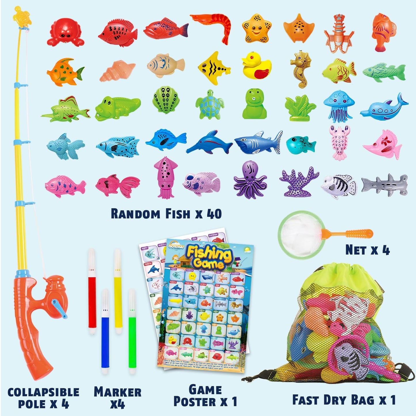 CozyBomB Magnetic Fishing Toys Game Set for Kids | Water Table Bathtub Kiddie Pool Party & Pole Rod Net, Plastic Floating Fish T