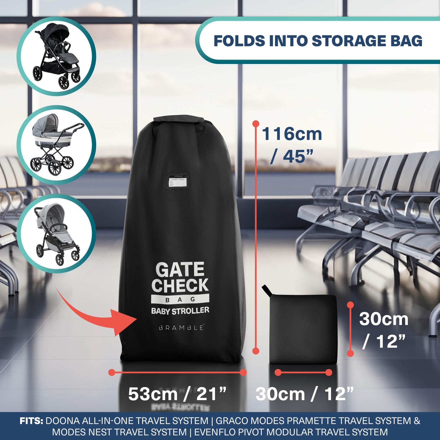 Bramble Large Stroller Bag For Airplane Travel Gate Check In Waterproof 116X53Cm (Black)