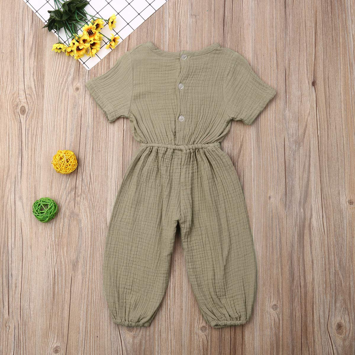Mubineo Toddler Baby Girl Summer Fall Basic Plain Short Sleeve Cotton Linen Drawstring Romper Jumpsuit (Khaki, 2-3T)