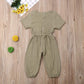 Mubineo Toddler Baby Girl Summer Fall Basic Plain Short Sleeve Cotton Linen Drawstring Romper Jumpsuit (Khaki, 6-12 Months)
