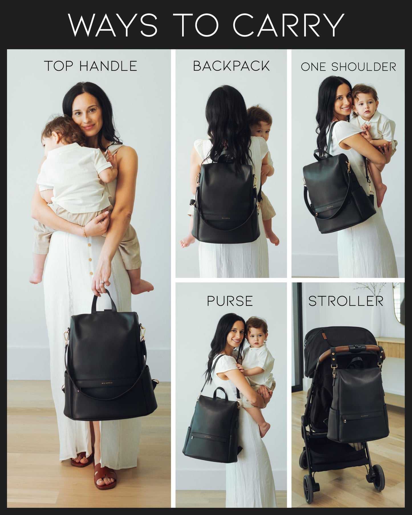 Mia + Sophia Leather Diaper Bag Backpack With Usb Charging Port, Changing Pad, Stroller Straps, And Bottle Holder (Black Mia)