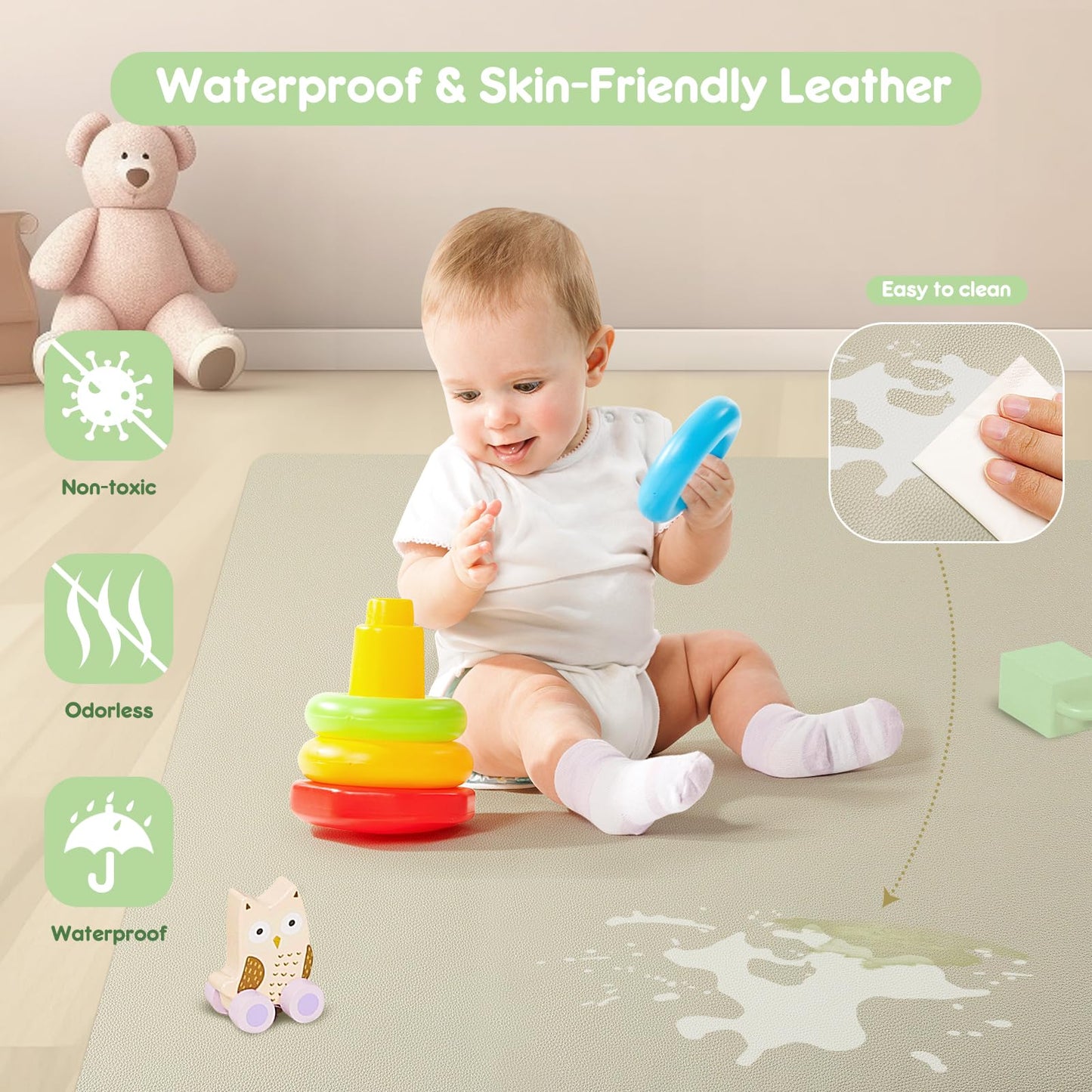 Piikago Padded Baby Play Mat, Super Soft Vegan Leather Baby Mat For Floor, 48X48 Thick Foam Cushioned Play Mat For Babies 6-12 M