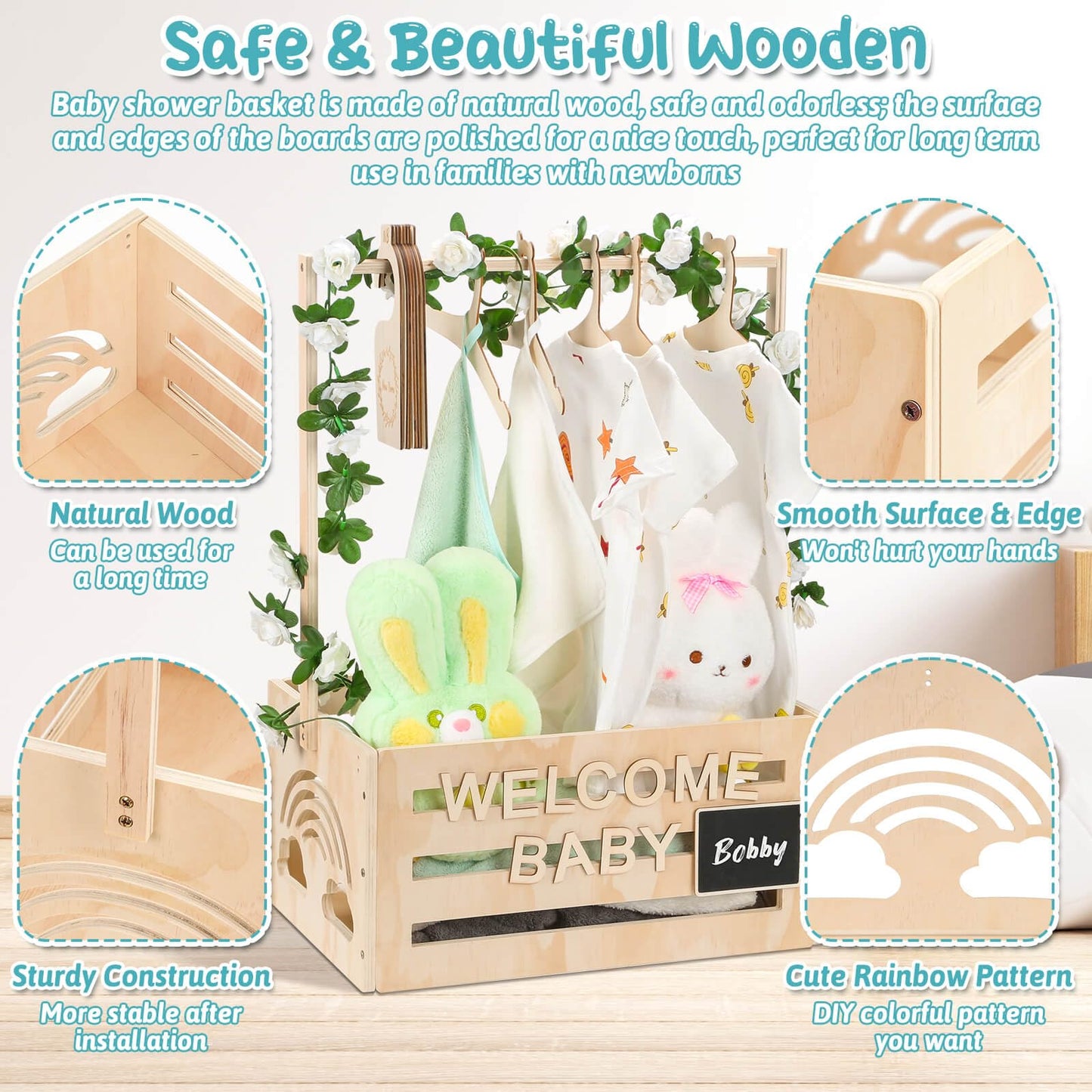 Jupwalz Wooden Baby Shower Crate Closet With Hangers, Letters, Dividers - Easy Assembly Basket For Newborn Boys Girls - Pregnanc