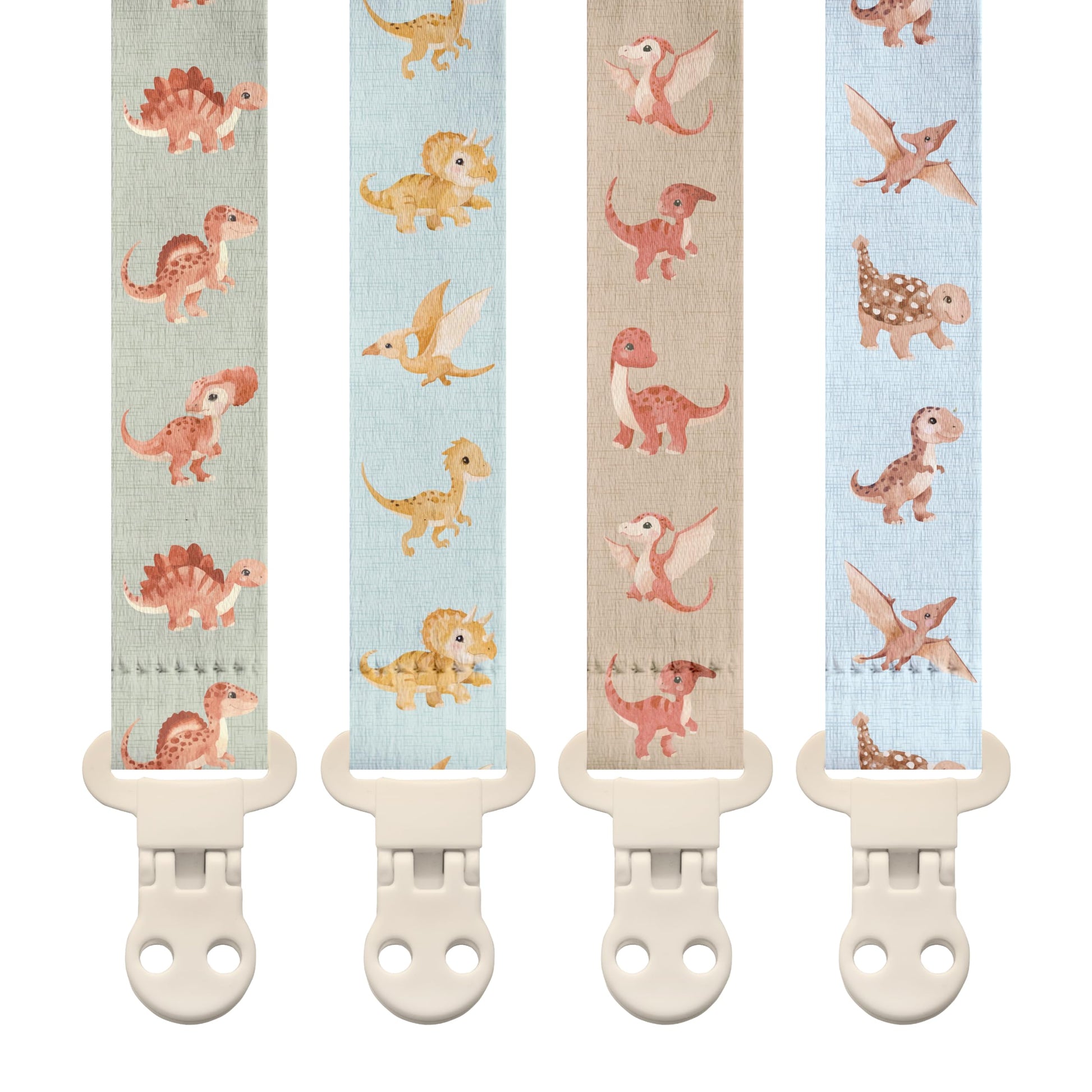 Stadela Baby Fabric Pacifier Clip Holder, Plastic Clip, 4-Pack, Dinosaur Pattern, Dinomite Set