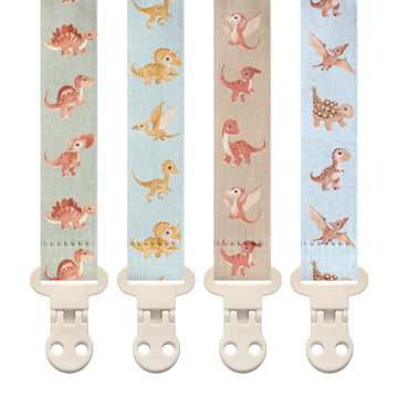 Stadela Baby Fabric Pacifier Clip Holder, Plastic Clip, 4-Pack, Dinosaur Pattern, Dinomite Set