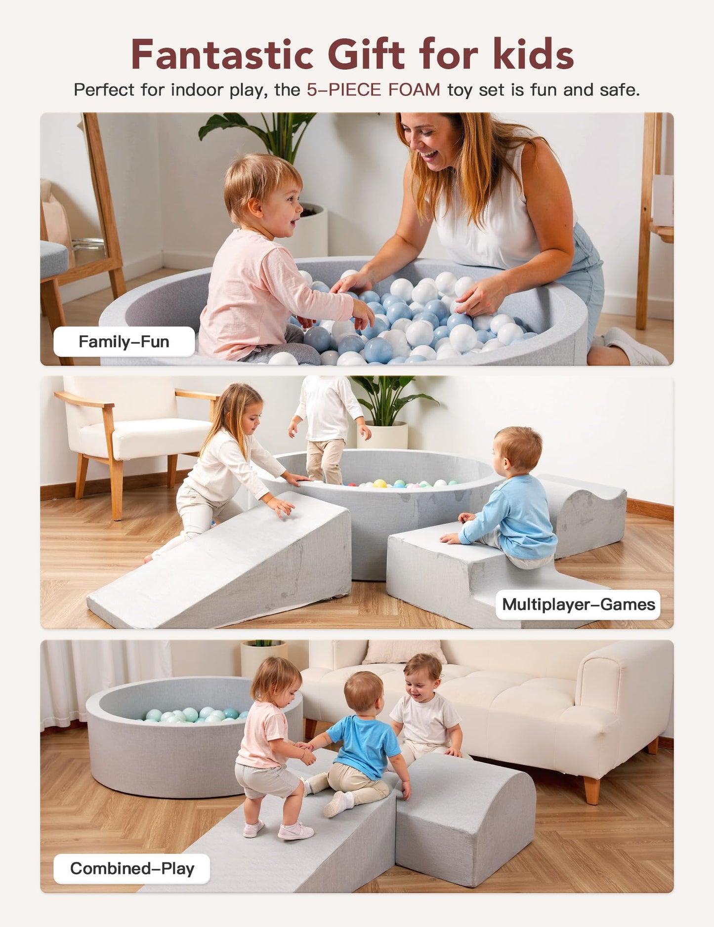 Hofish 5-Piece Foam Playset For Toddler Children, Playset Designed Easy To Clean Or Install, Children Indoor Active Climbing Cra