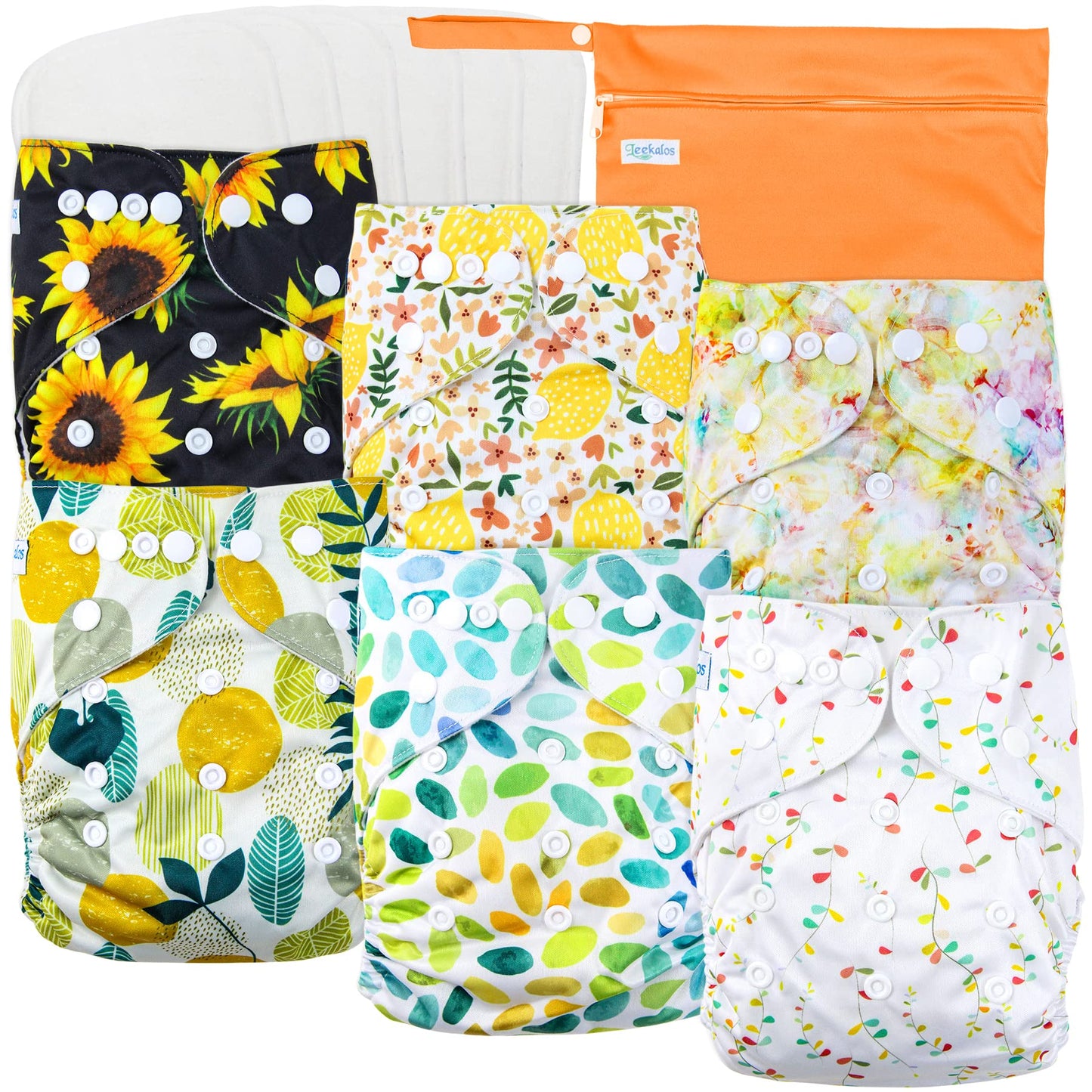 Leekalos Cloth Diapers Reusable for Boys and Girls, Baby Diaper Cloth with Inserts & Wet Bag One Size