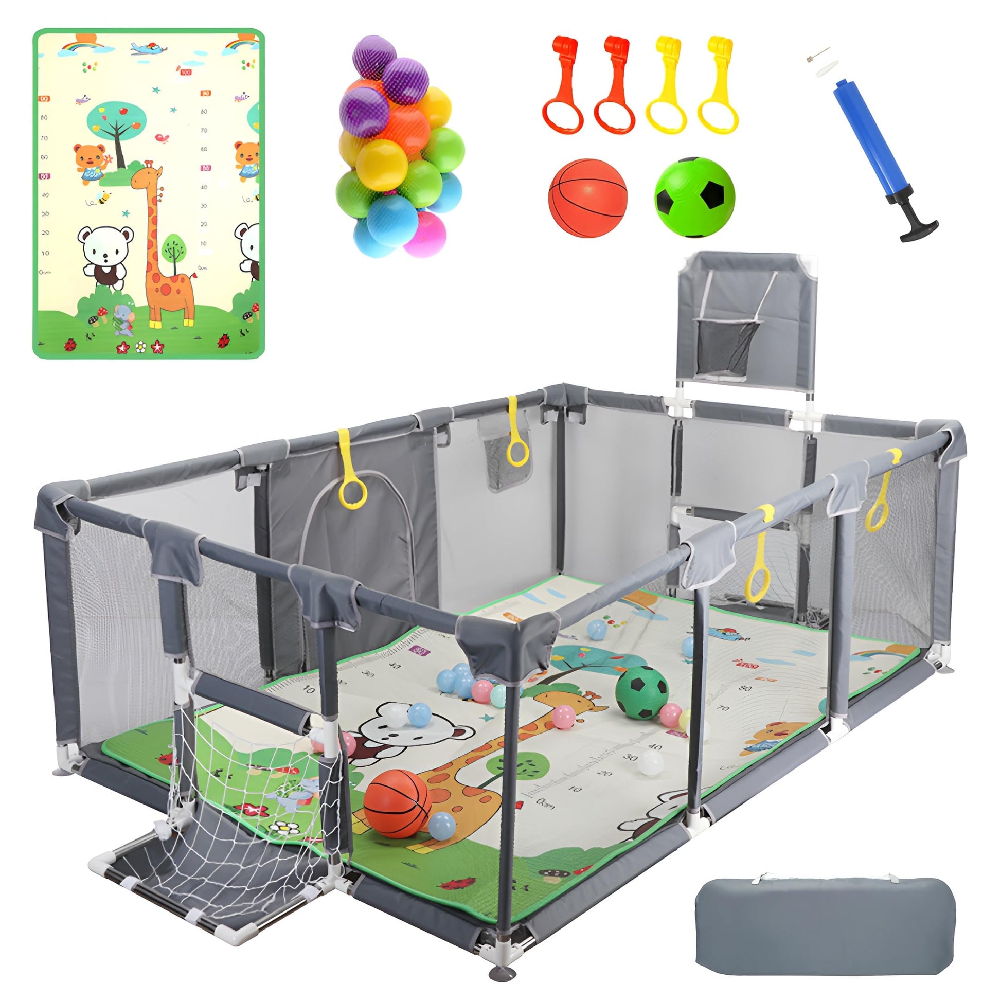 Magnelogy Large Baby Playpen with Foldable Mat - 71  47 Indoor Outdoor Playpen for Babies and Toddlers - Basketball Hoop, Soccer