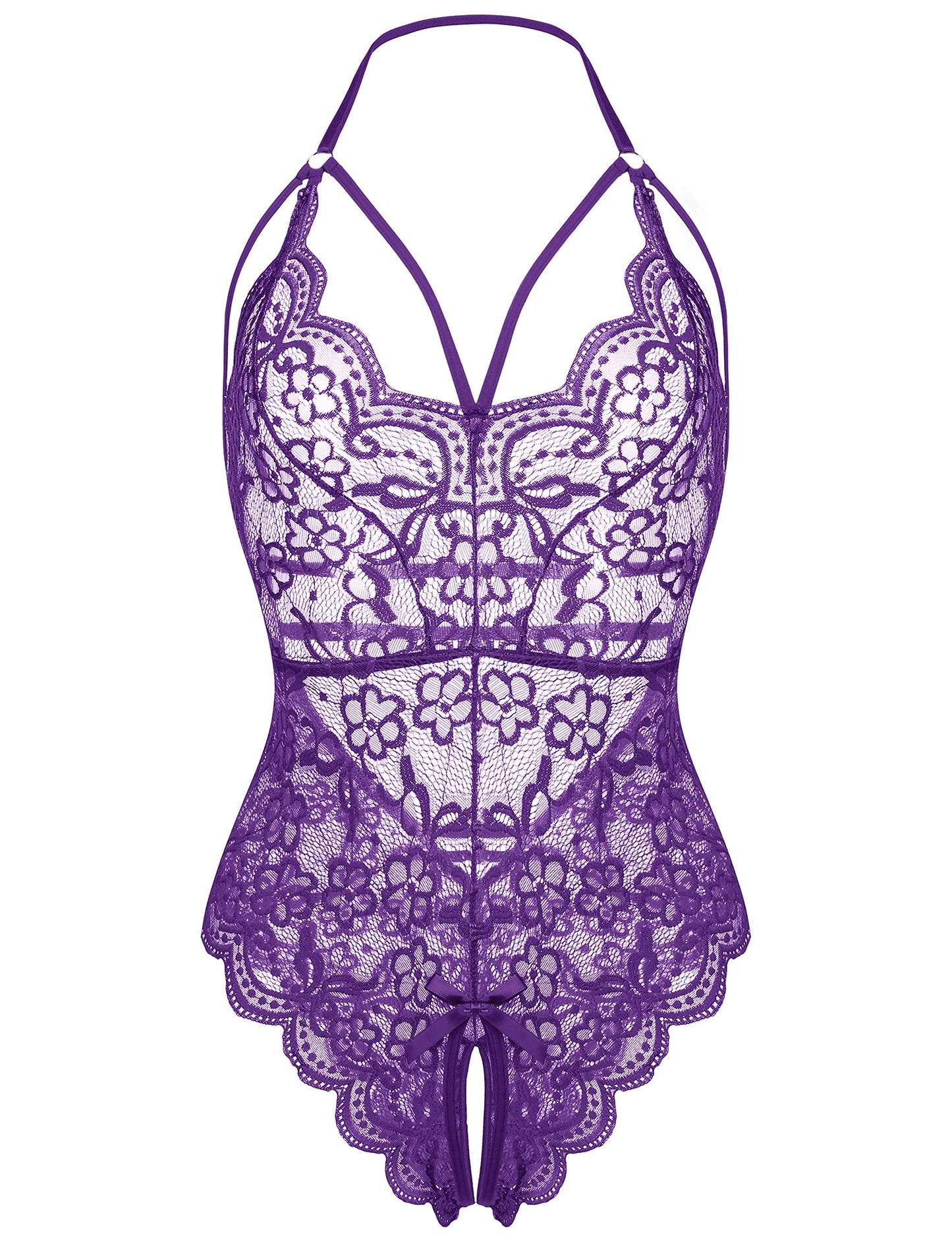 Lollo Vita Women 'S Exotic Lingerie Sets Strappy Babydoll Bodysuit Lace Trim Teddy Strappy Lingerie Purple