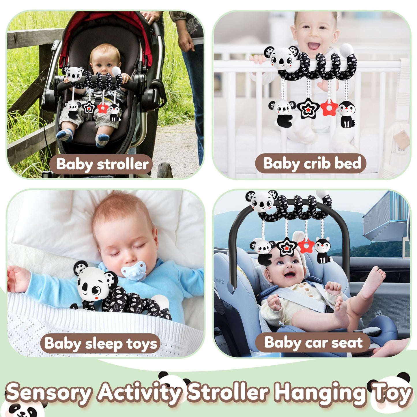 Baby Carseat Toy Black & White Rattle Spiral Hanging Activity Stroller Toy for Newborns Boys and Girls - Coala