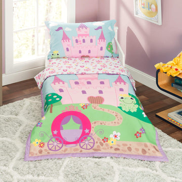 Everyday Kids 4 Piece Toddler Bedding Set -Princess Storyland- Includes Comforter, Flat Sheet, Fitted Sheet And Reversible Pillo