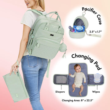 Dikaslon Diaper Bag Backpack With Changing Pad, Pacifier Case And Stroller Straps, Large Unisex Baby Bags For Boys Girls (Mint G