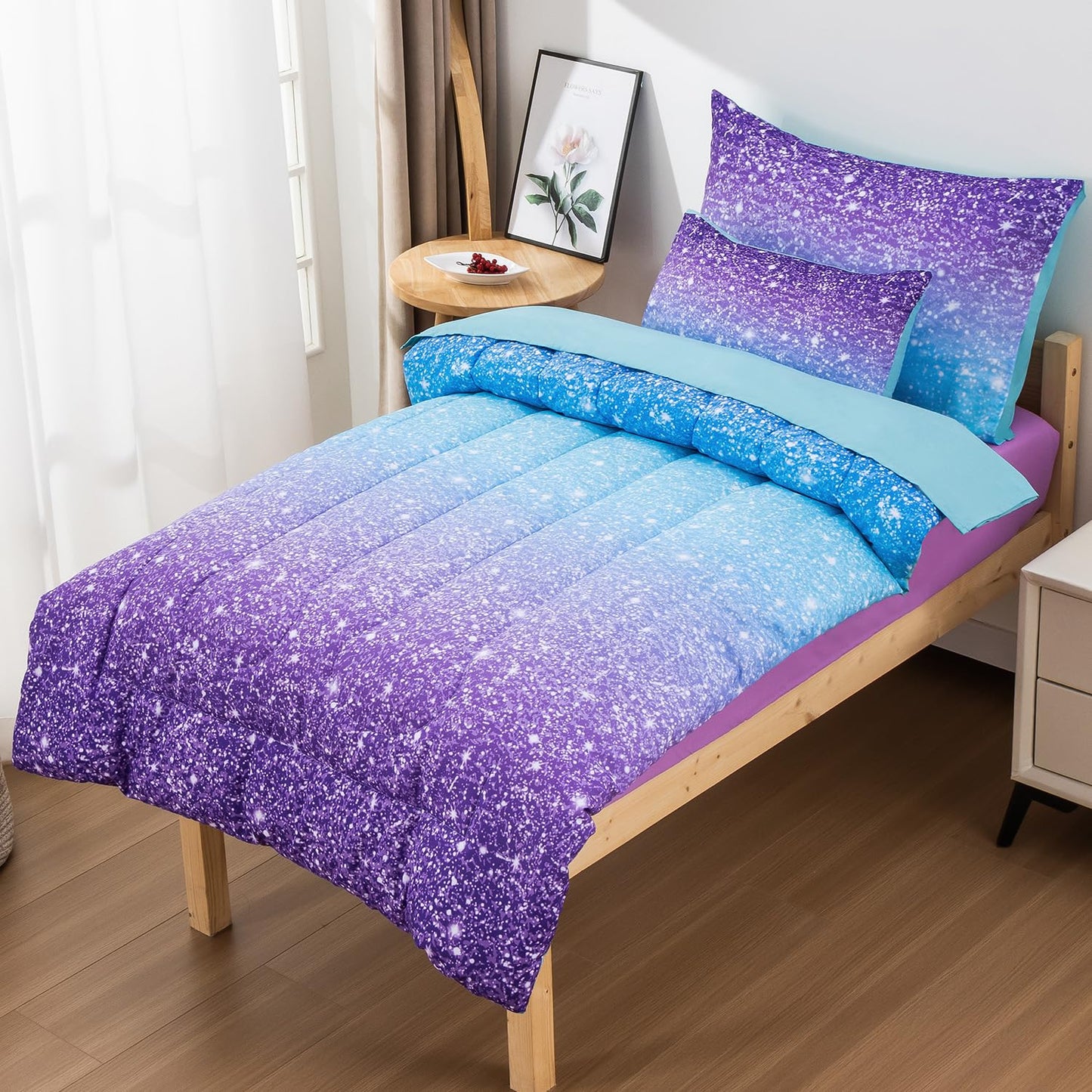 Jqinhome Toddler Comforter For Girls,5 Piece Bed In A Bag 3D Unicorn Sparkle Theme Bedding Set With 2 Pillowcases,1 Flat Sheet,1