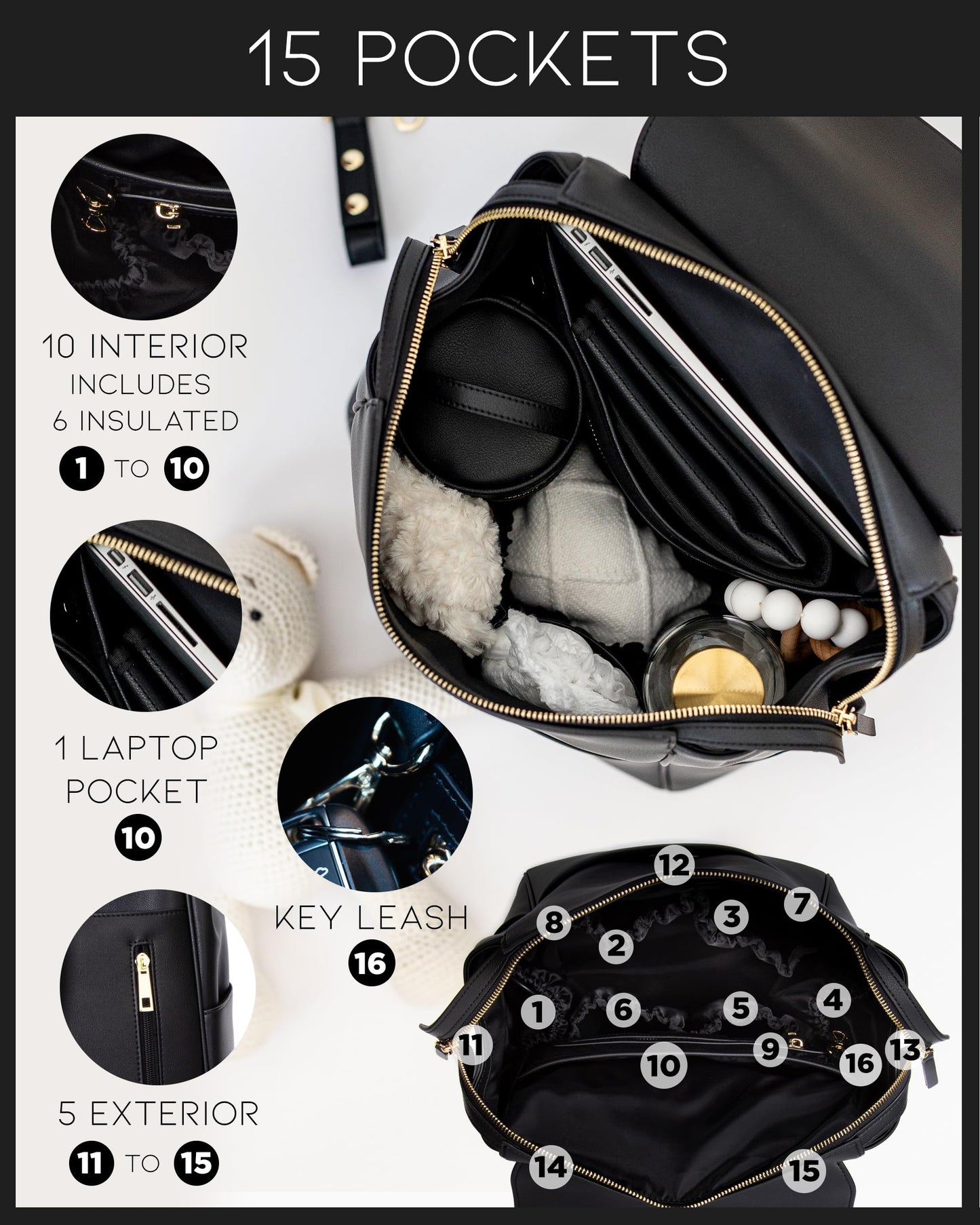 Mia + Sophia Leather Diaper Bag Backpack With Usb Charging Port, Changing Pad, Stroller Straps, And Bottle Holder (Black Olivia)