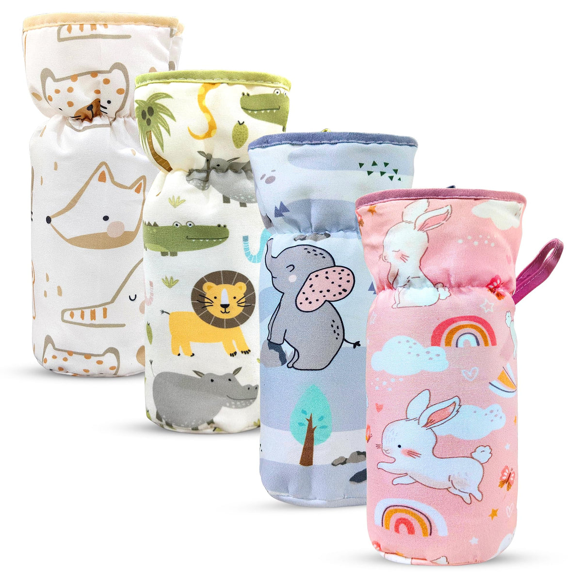 Glun Printed Baby Feeding Bottle Pouch With Lanyard Pack Of 4, Cushioned Cotton Pouch, Keep Warm Baby Drinks, Glass, Plastic Bot