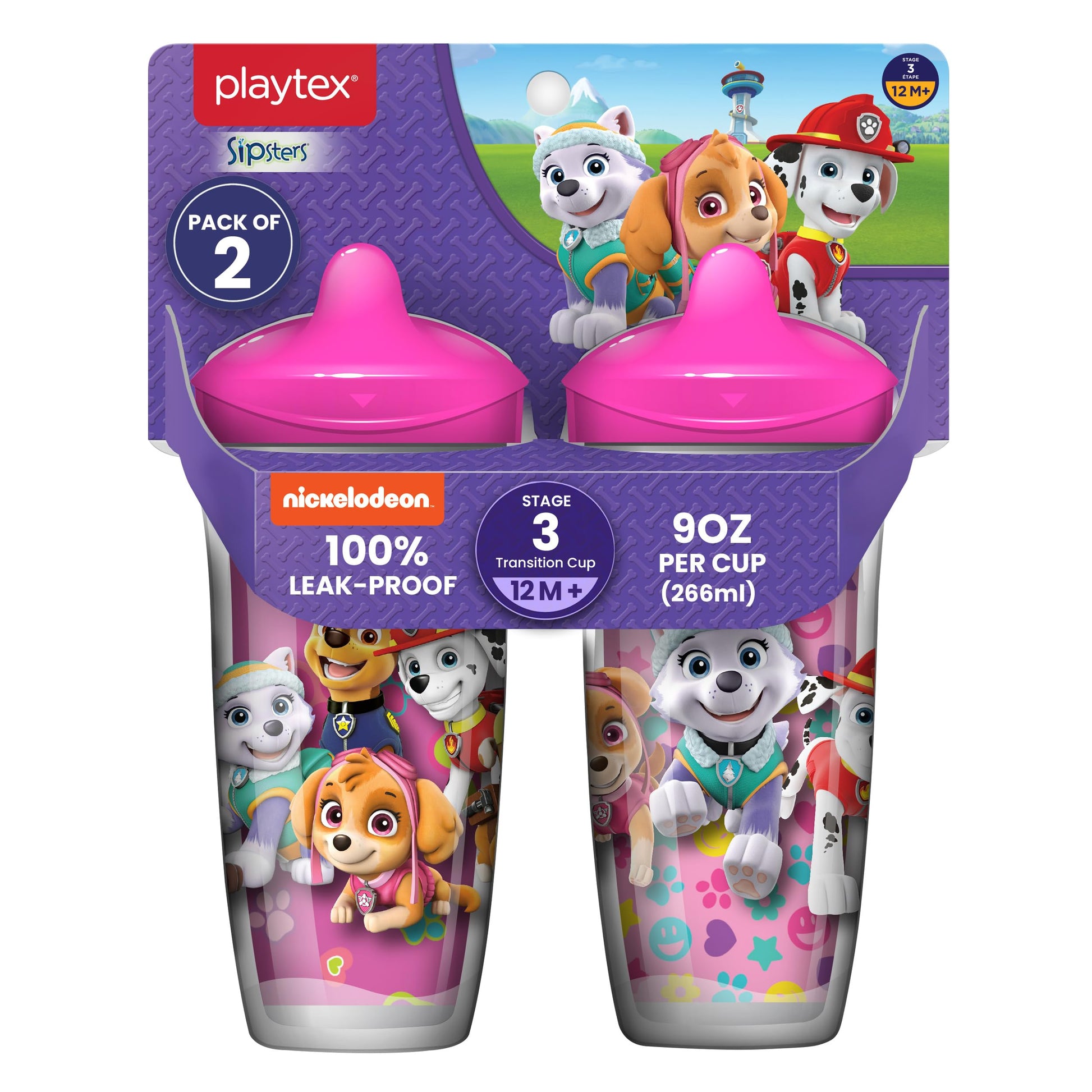 Playtex Baby Sipsters Stage 3 Paw Patrol Sippy Cups, Spill-Proof, Leak-Proof, Insulated - Pink, 9 Oz, 2 Count