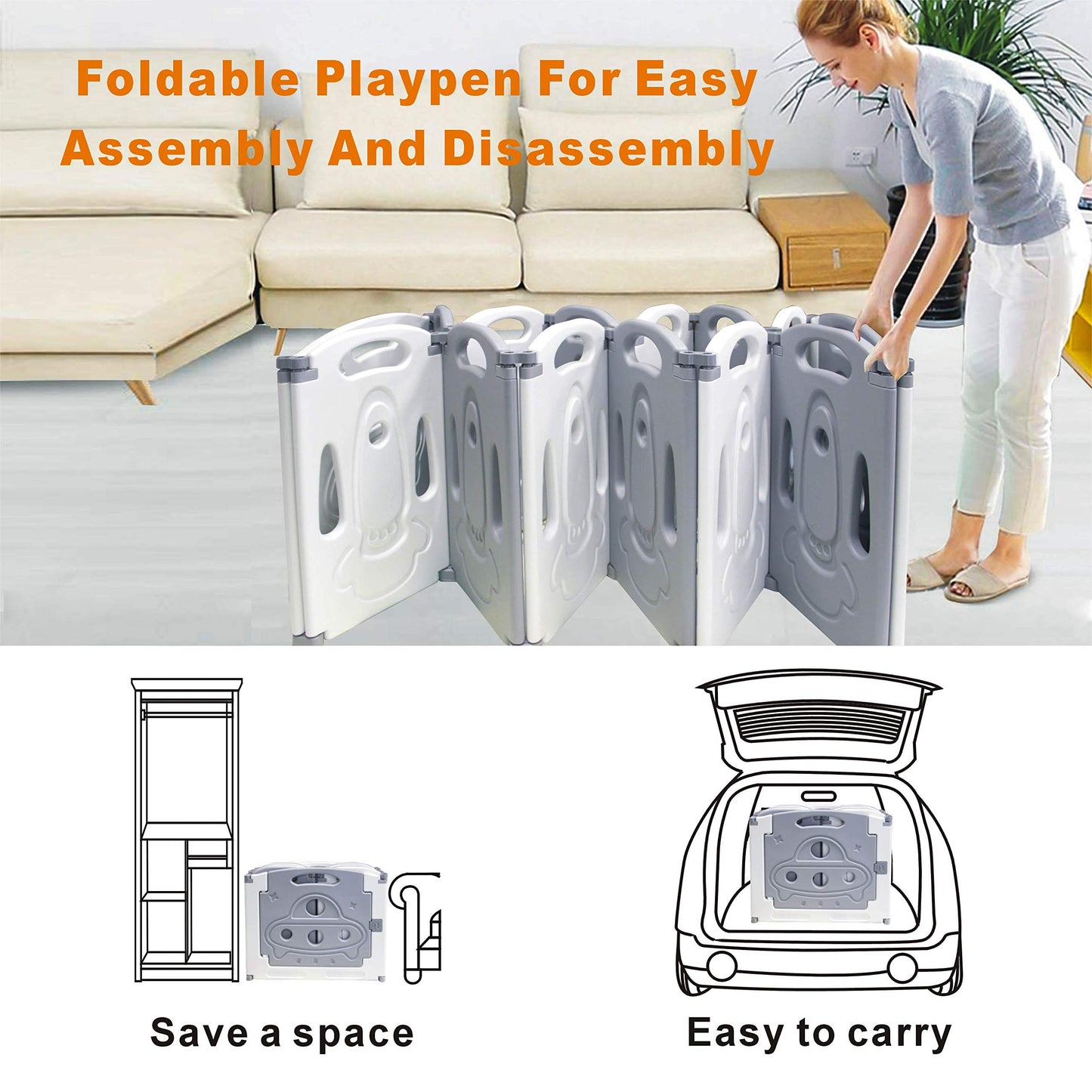 Foldable Baby playpen Baby Folding Play Pen Kids Activity Centre Safety Play Yard Home Indoor Outdoor New Pen (Gery)