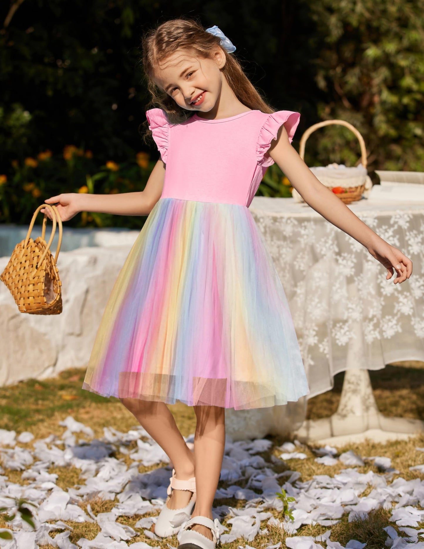 Flypigs Toddler Tutu Dress Girls Fluffy Summer Dresses Cute Pink Rainbow Flower Valentine Pageant Dress For 5 Years