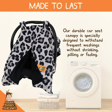 Dear Baby Gear Deluxe Car Seat Canopy, Double Layer, Gray Leopard Print, Black Smooth, 40 X 30 Inches, Custom Print Lightweight