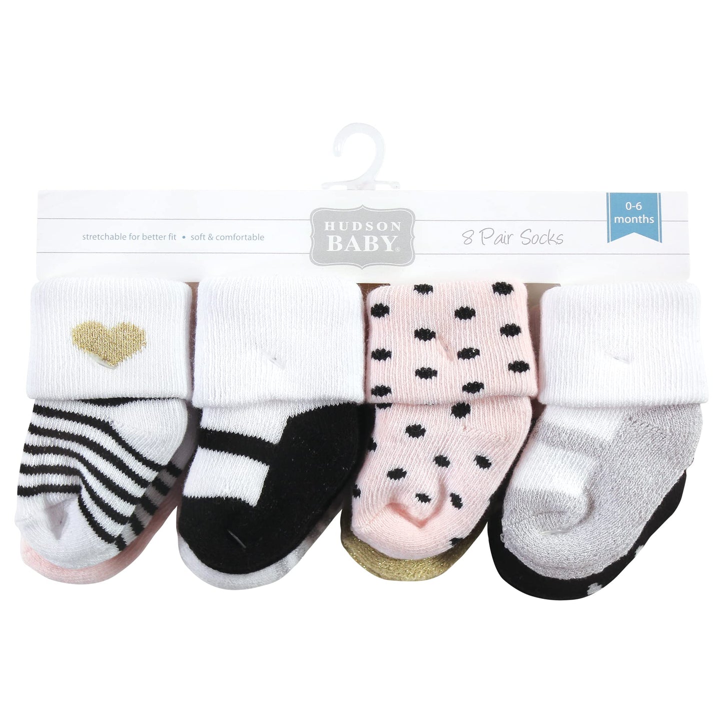 Hudson Baby Unisex Baby Cotton Rich Newborn And Terry Socks, Silver Gold Pink, 0-6 Months