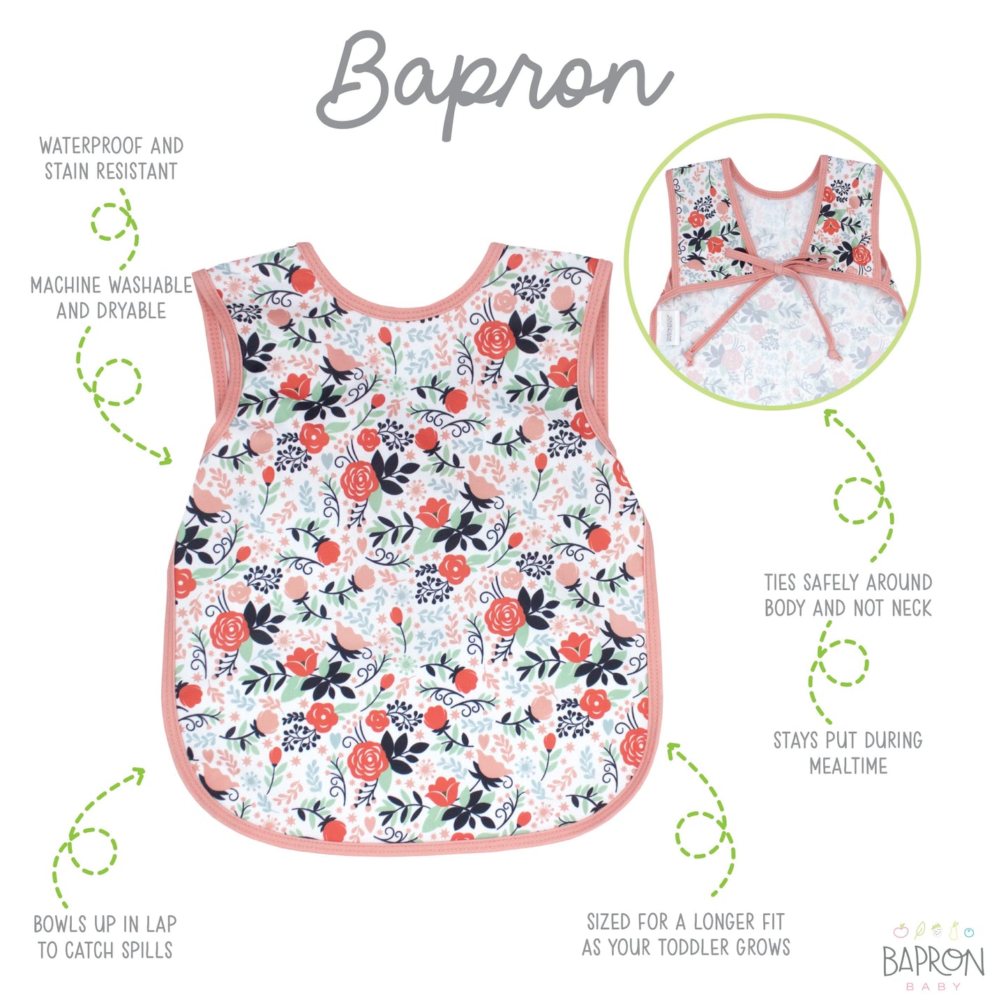Bapronbaby Vintage Rose Bapron - No Neck Tie Safer Bib For Baby & Toddler - Soft Waterproof Stain Resistant - Machine Washable -