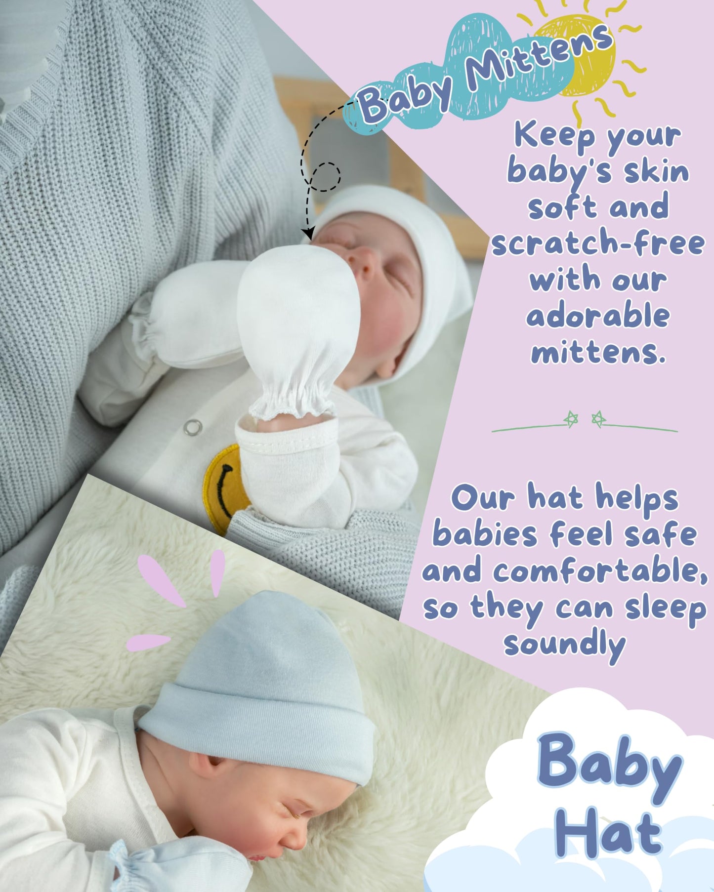 Rative Newborn Baby Mittens And Caps Set Cotton Gloves No Scratch Mittens For 0-6 Months Boys Girls (6White(Mittens+Caps))