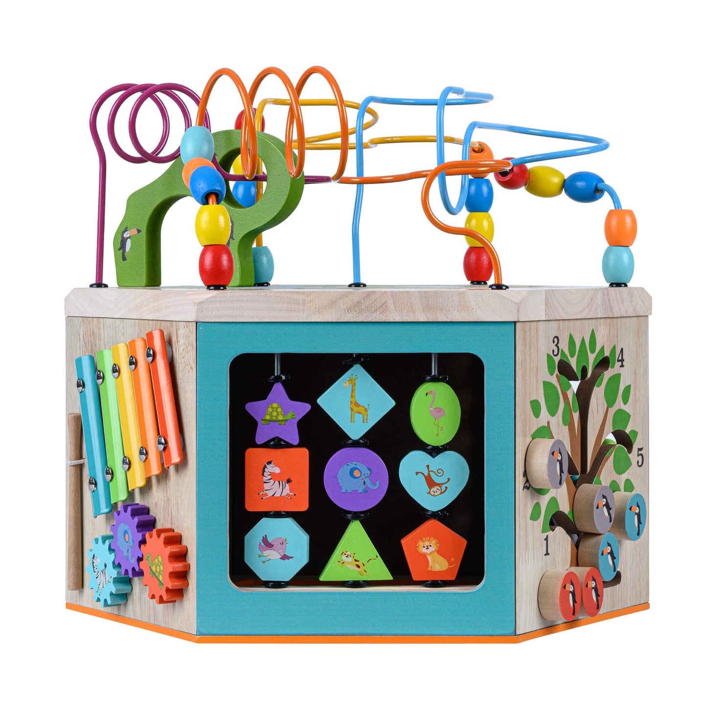 Teamson Kids Preschool Play Lab 7-in-1 Large Wooden Activity Cube Station Center Bead Maze and Counting for Kids Baby Toys, Natu