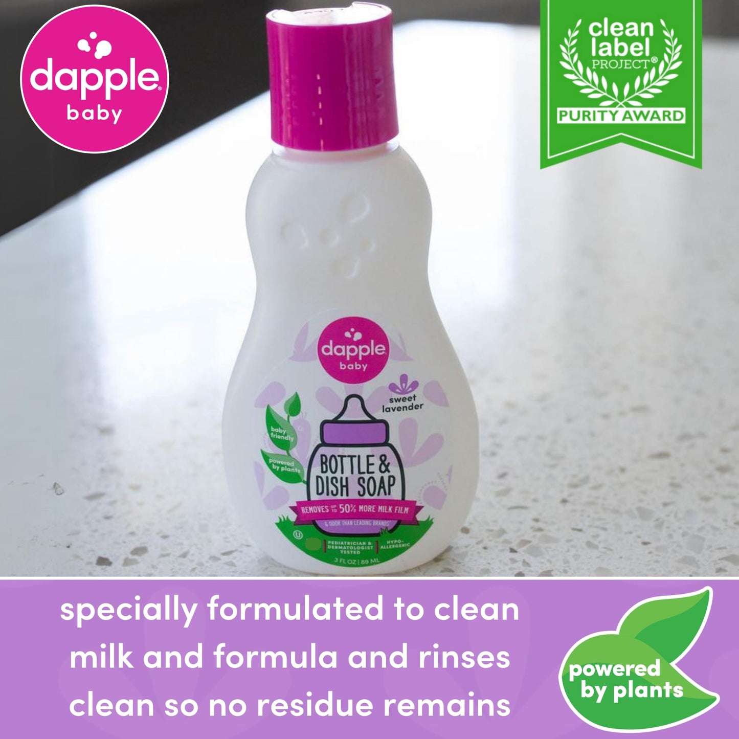 Dapple Baby Bottle Soap, Hypoallergenic Dish Soap for Baby Bottles, Powered by Plants, Travel Size, Lavender, 3 Fl Oz (Pack of 1