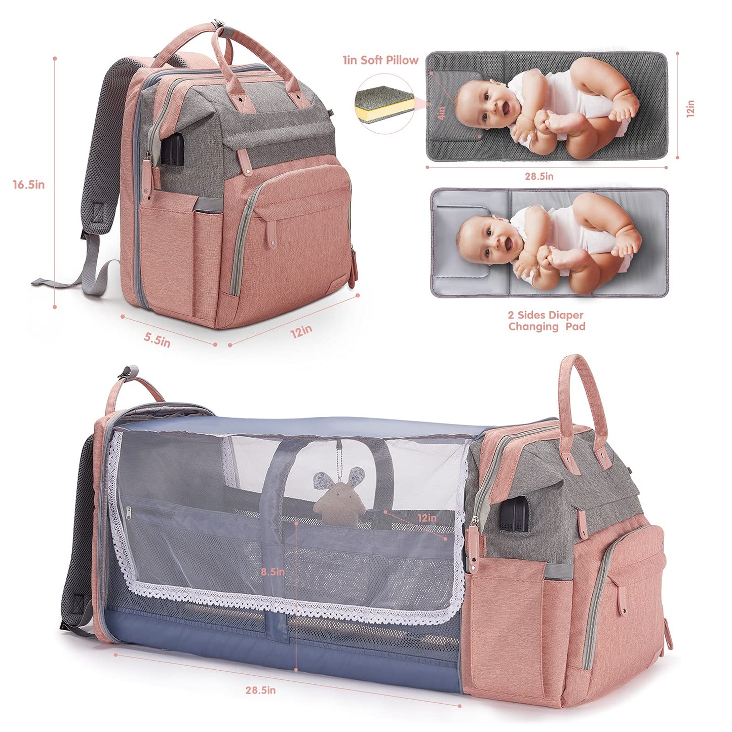 Derjunstar Diaper Bag Backpack,Baby Diaper Bags, Multifunctional Travel Diaper Waterproof Backpack For Baby Boy & Girls, Rose Pi