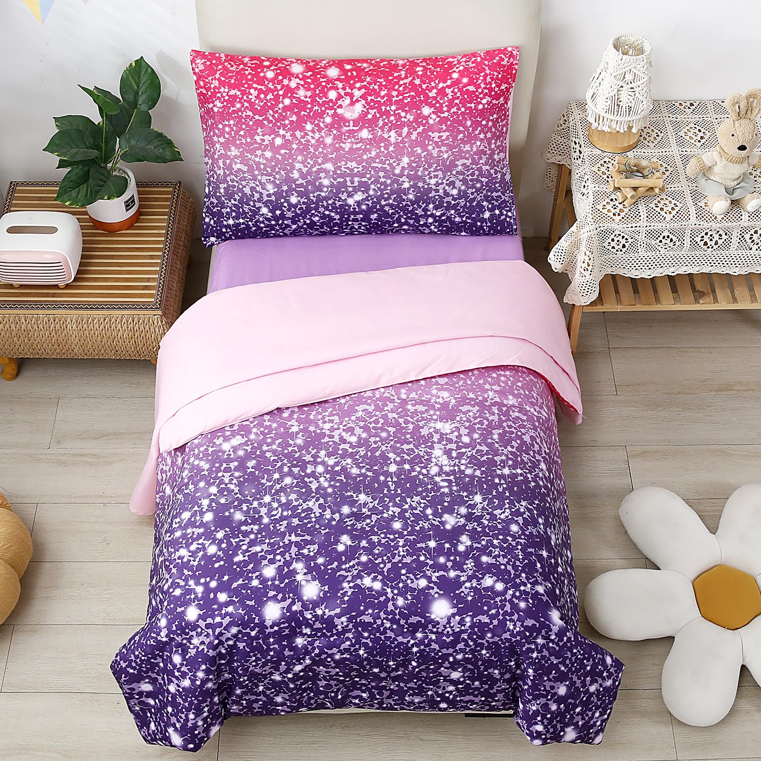 Urbonur 4-Piece Toddler Bedding Sets For Girls, Pink Purple Toddler Comforter Set, Includes 1 Flat Sheet, 1 Fitted Sheet, 1 Comf