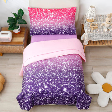 Urbonur 4-Piece Toddler Bedding Sets For Girls, Pink Purple Toddler Comforter Set, Includes 1 Flat Sheet, 1 Fitted Sheet, 1 Comf