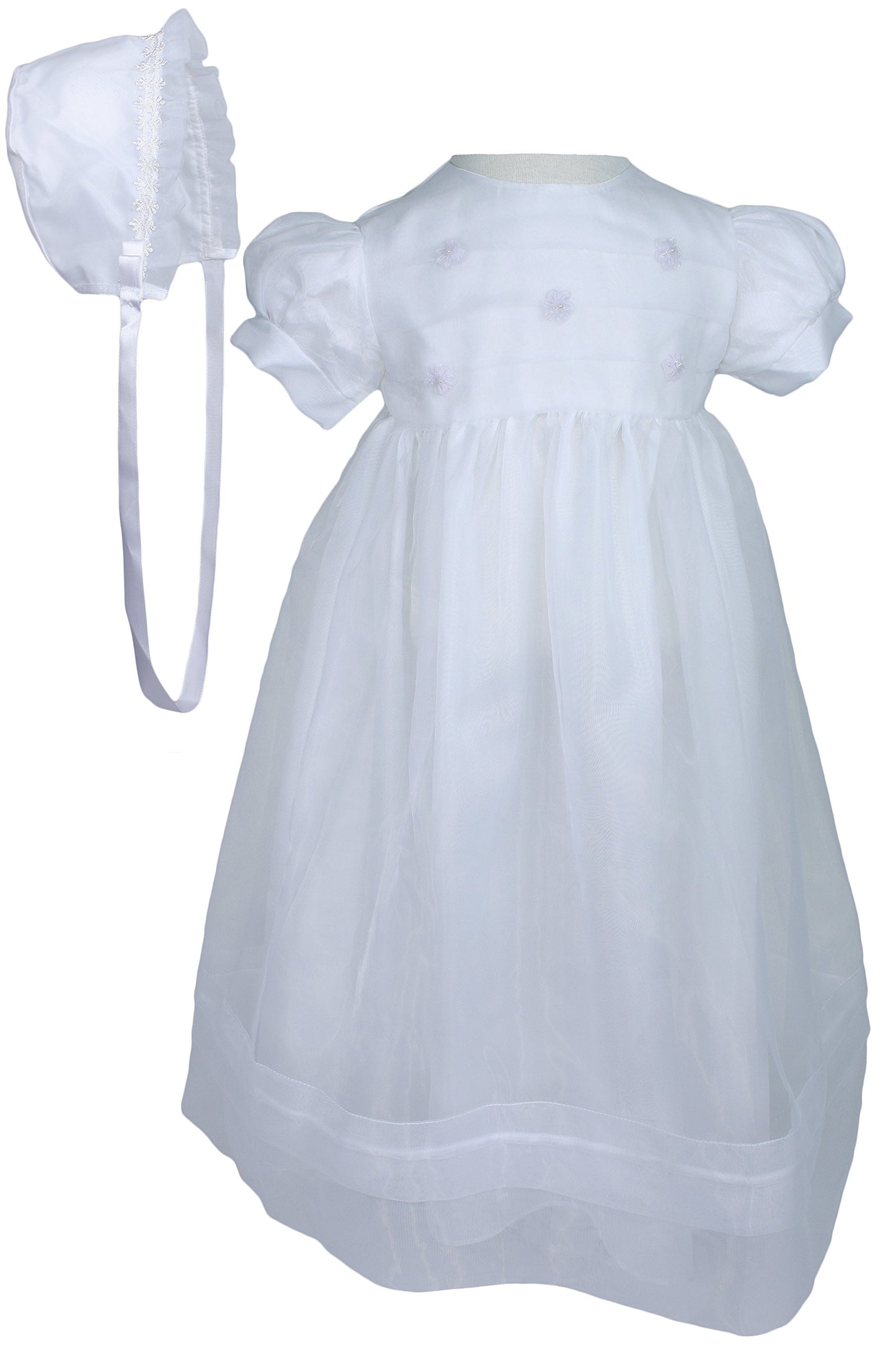 Christening Day Girls' White Organza Overlay Gown With Sheer Flowers 24M