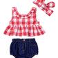 Iwoka Baby Girls Plaid Ruffle Bowknot Tank Top+Denim Shorts Outfit With Headband (110(2-3Y), Red)