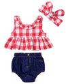 Iwoka Baby Girls Plaid Ruffle Bowknot Tank Top+Denim Shorts Outfit With Headband (100(18-24M), Red)