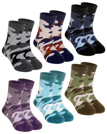 Children'S Winter Warm Wool Solid Color Socks Kids Boy Girls Thermal Crew Socks 6 Pairs (6 Pairs Camouflage, 8-12 Years)