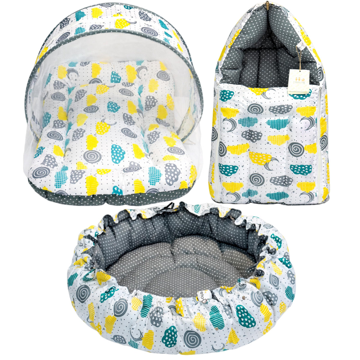 Infantbond Baby Sleeping Essential Reversible Nest | Mattress With Net | Carry Bag(06 Months) (Nest Set Gray Sprial)