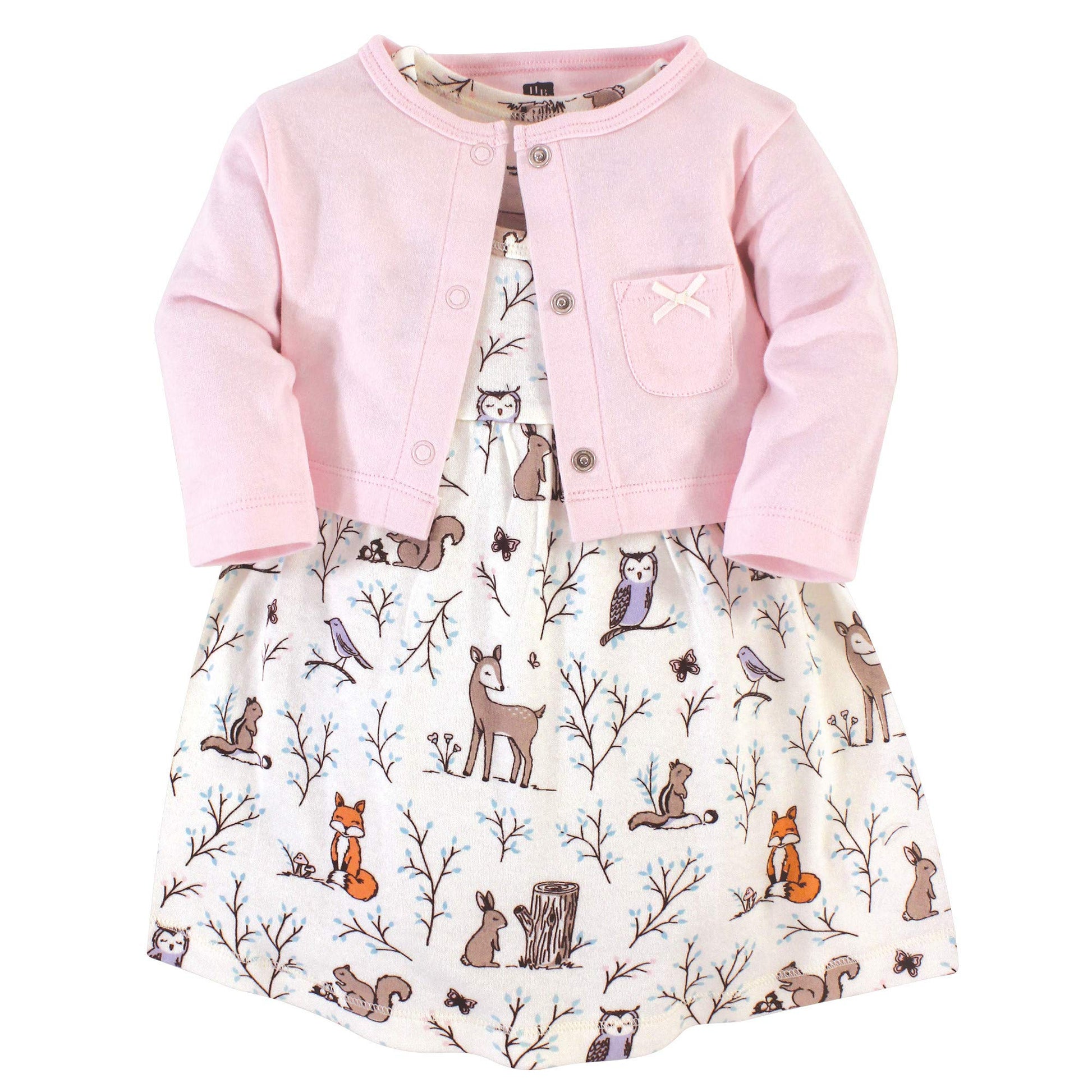 Hudson Baby Baby Girls Cotton And Cardigan Set Casual Dress, Enchanted Forest, 4T Us
