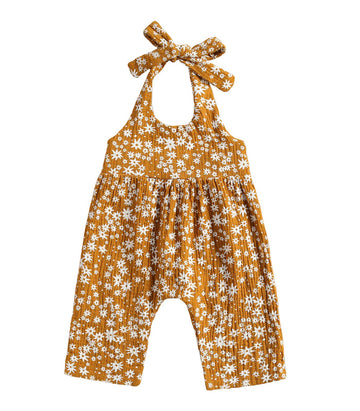 Baby Girls Daisy Playsuits Bodysuit+Headband Print Halter Romper Floral Jumpsuit Infant Summer Clothes (A-Yellow, 0-6 Months)