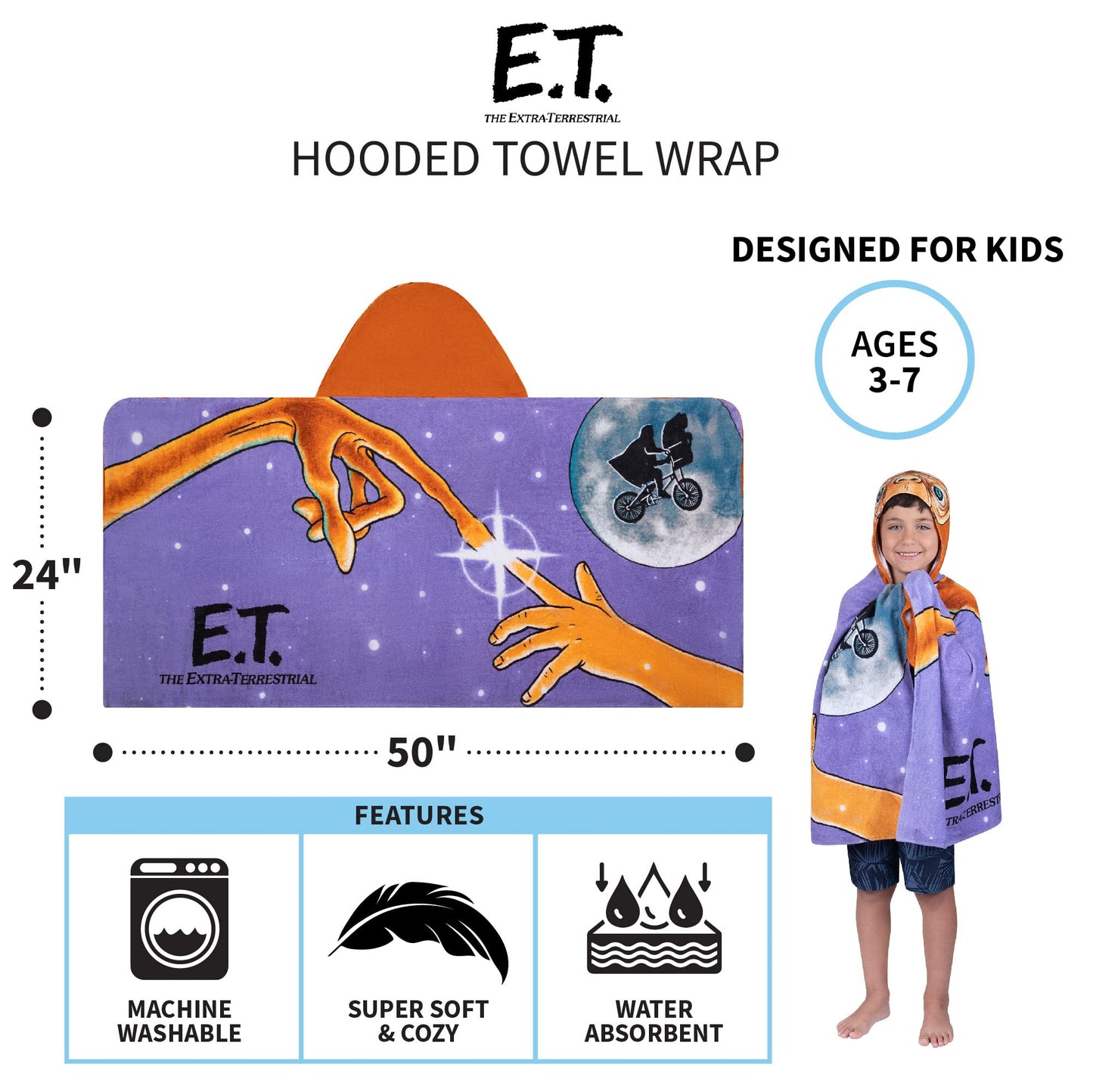 Franco Kids Bath And Beach Soft Cotton Terry Hooded Towel Wrap, 24 In X 50 In, Et The Extra Terrestrial
