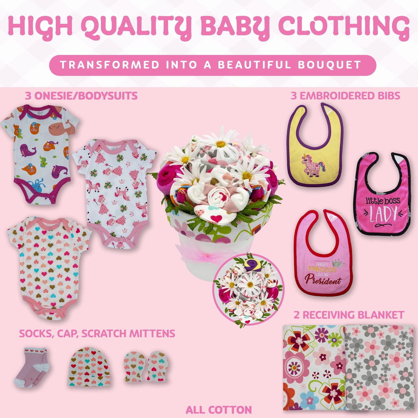 Nikki'S Gift Baskets Baby Clothing Flower Bouquet, New Baby Girl Gift Basket With Baby Clothing Arranged Like Celebration Flower
